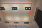 Aula, plafond met ledverlichting met wisselende kleuren.
              <br/>
              Paul Paris, mei 2014